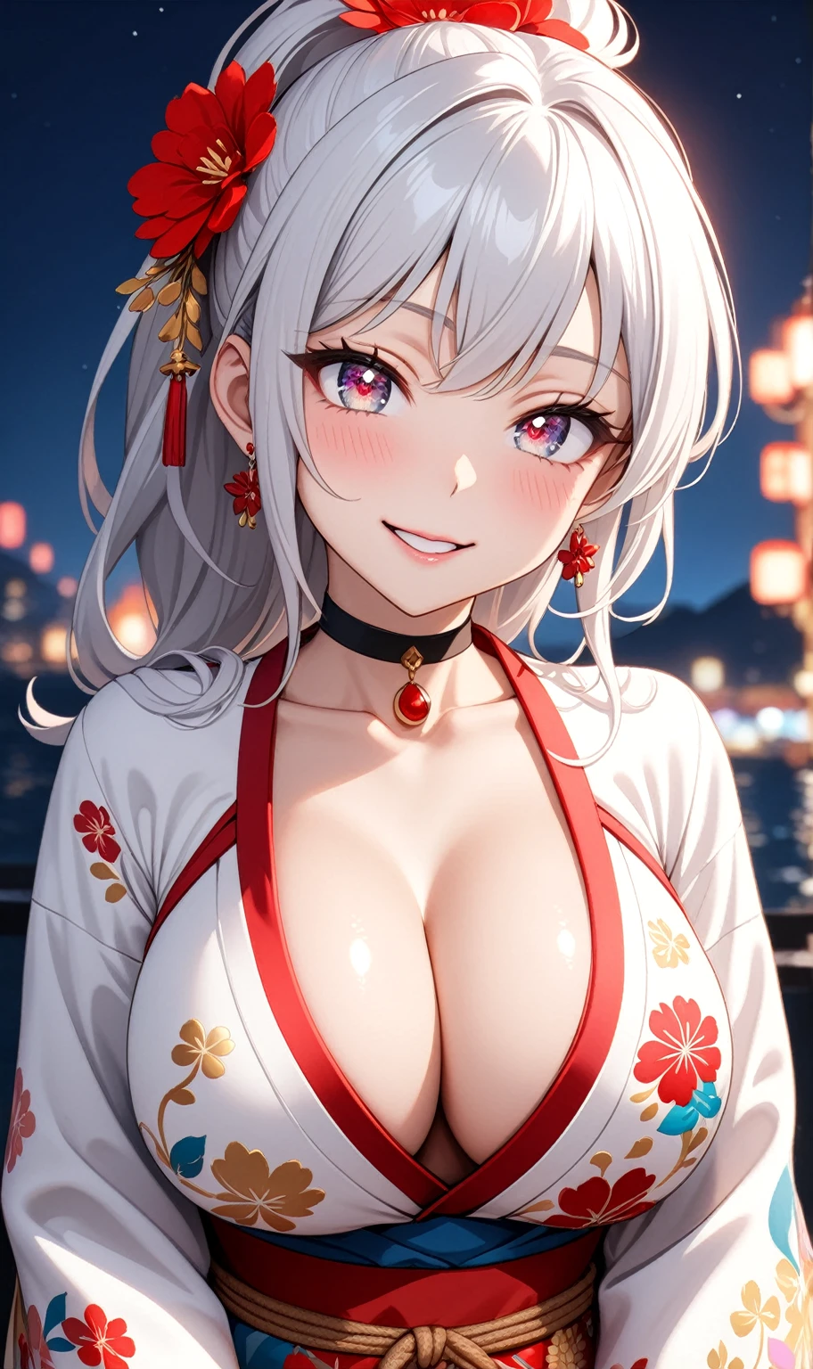 ((One personの女性)), Beautiful Face, Laughing embarrassedly,((Wink:1.9)), (smirk), sit,Laugh with your mouth wide open,((Bright red cheeks:1.4)),Shiny red lips,night,横浜のnight景,You can see the ocean, firework,,Glossy pink lips,Facial lighting,((Anime style background)),masterpiece, Highest quality, so beautiful,up to date, Complex details, (Pink long nails),  (ring),(bracelet),(choker),AI-generated, Complex,High resolution, Highest quality, super high quality,3D Images、3D Images,One person,Long white hair,High Ponytail,(blue eyes),Anime woman posing for a photo, ((Fine grain、Silvery white colorful eyes、Shining Eyes:1.3)),(Squint your eyes:1.1),a hyperRealistic , hyperRealistic , Realistic,Anime woman with long white hair, Smooth anime CG art, A woman in a colorful kimono with gold embroidery, (Black long sleeve kimono),Red floral pattern,Long flower hair ornament,Earrings,Mature Body,(Big Breasts:1.1),Tall,Abdominal muscles,Narrow waist,(Zoom up to face:1.5),(front view),