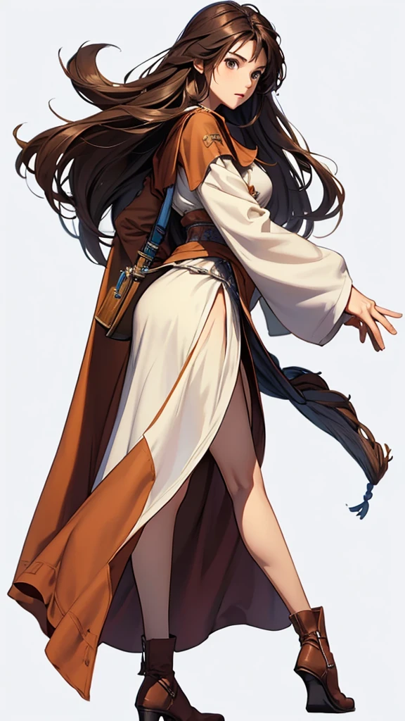 Strong women, Long brown hair, Brown robes, Holding a sword, Full body side view, Pure white background, View Viewer