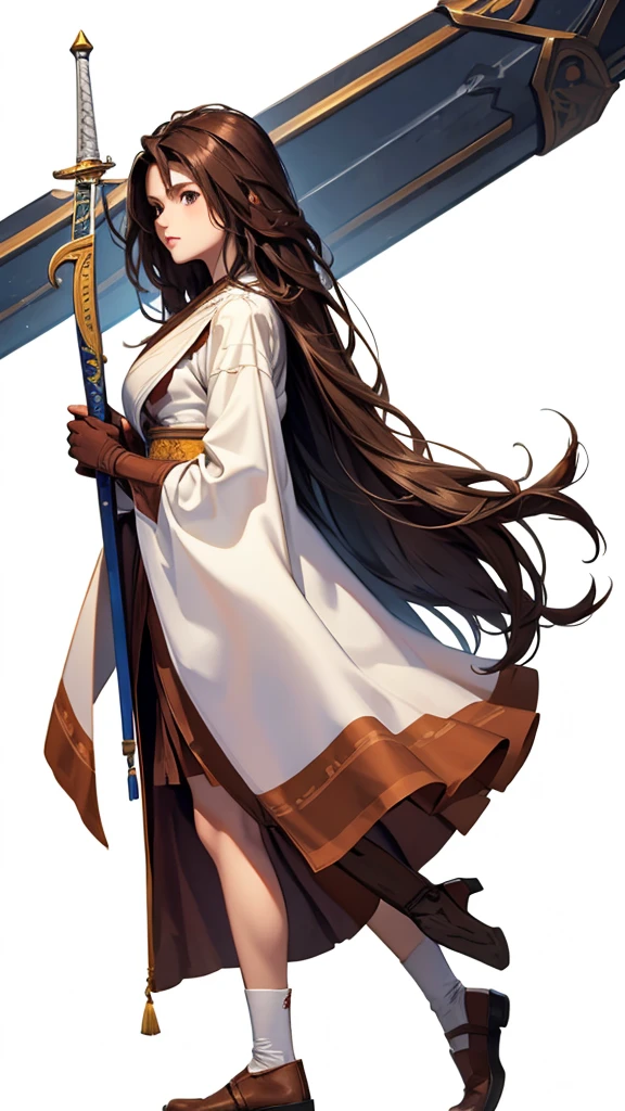 Strong women, Long brown hair, Brown robes, Holding a sword, Full body side view, Pure white background, View Viewer