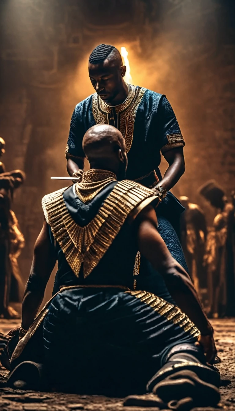 A dramatic scene of an African emperor about to execute his kneeling brother, intricate details, highly realistic, cinematic lighting, gritty, outside destroyed bacground, chiaroscuro, dark moody colors, powerful, tense atmosphere, masterpiece, best quality, 8k, HDR, physically-based rendering, ultra-detailed, sharp focus