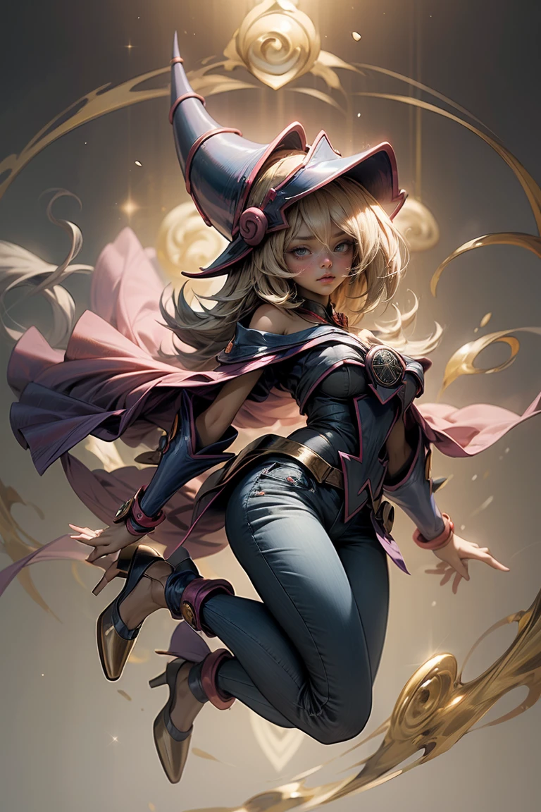 (Masterpiece:1.2), (The best quality:1.2), perfect lighting, Dark Magician Girl casting a spell, in battle. floating in the air, big and visible tits, wear jeans and heels. transparent neckline, blue robe, big hat, From above, sparkles, Yugioh game, The magic of the heart, romantic heart.