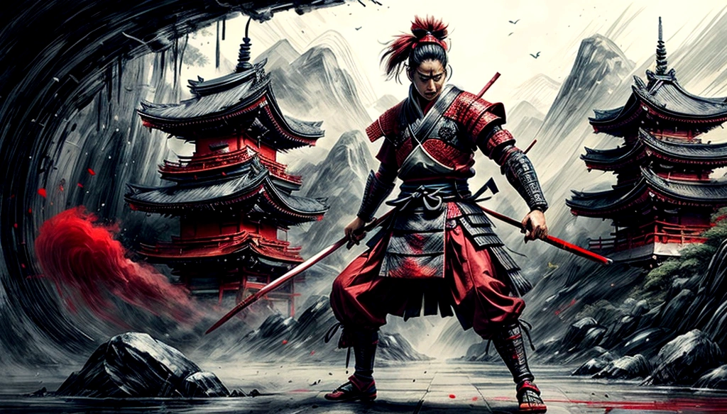 a samurai warrior wearing red and black, a Japanese-style environment, Japanese buildings, a playful combat environment, holding an epée , staring at the camera, misty environment with dark elements