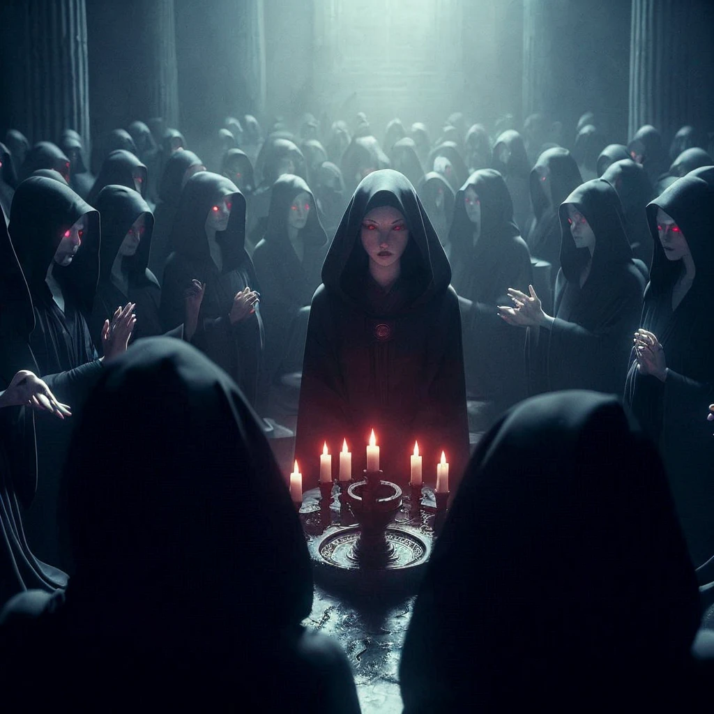 (very sharp result, cinematic desaturated photo) (((dramatic shading))), (((Best Quality))), (((masterpiece))) (((hyper realistic photo))) in starwars universe, gloomy sacred horror magical mood, dramatic backlight shadow, wide view of a sith temple, gothical room ambience, there`s many high priestess japanese girl in black cult hoodie, during a sacrifice ritual, pale skin, mysterious sinister bright red eyes sit at the centre of ritual altar, surrounded by high priestesses
