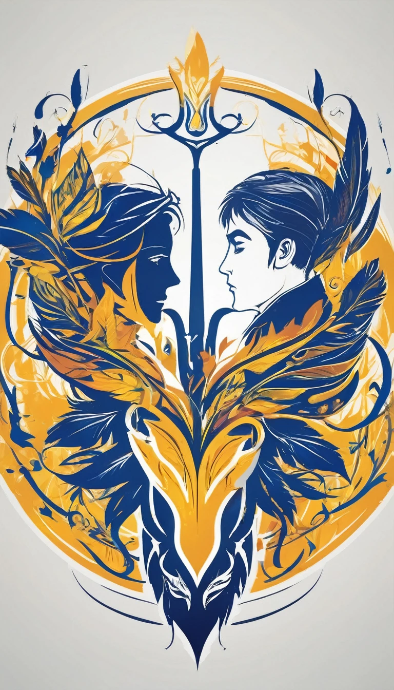 Create a minimalistic, simple, fantastic, easy to understand, logo design of two faces, one of a boy and the other of a feather for an upcoming Fantasy Role Playing Game called " Penamemoria". The game is about a world full of bird and feathers. A boy enters that world and discovers his true artistic identity. Create a logo design that transmits the essence of this videogame. It´s a fantasy game, with fantasy elements. Create the logo in the center and a fantasy theme as background. Use the colours blue, white, yellow in the logo. The logo design must convey a sense of fantasy, dreams, memories and music. Must convey a feeling of being a true Dreamer