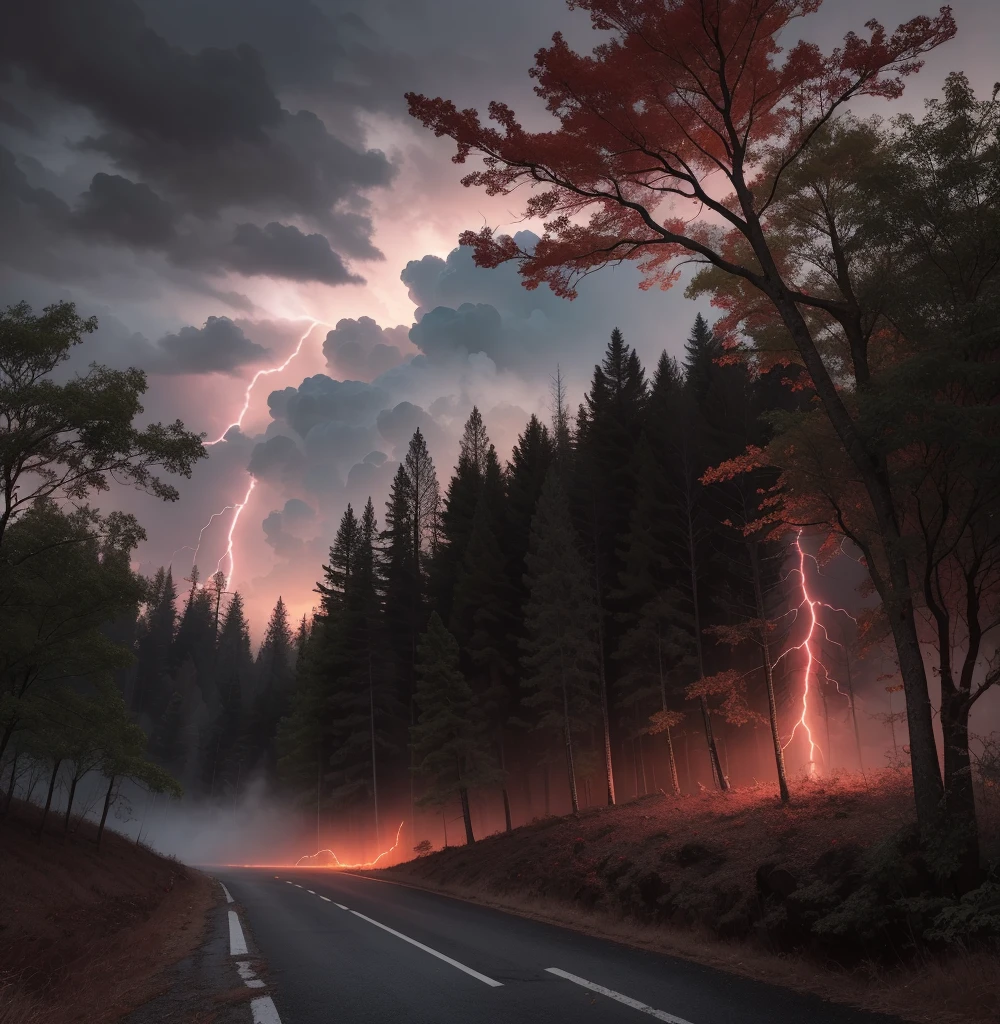 Chilling night with cloudy red skies immense lightning bolts shooting towards the ominous forest covered with immense trees and red eyed crows on the branches, covered by a thick fog and a black road Death is felt in the place.
Terrifying forest with crows