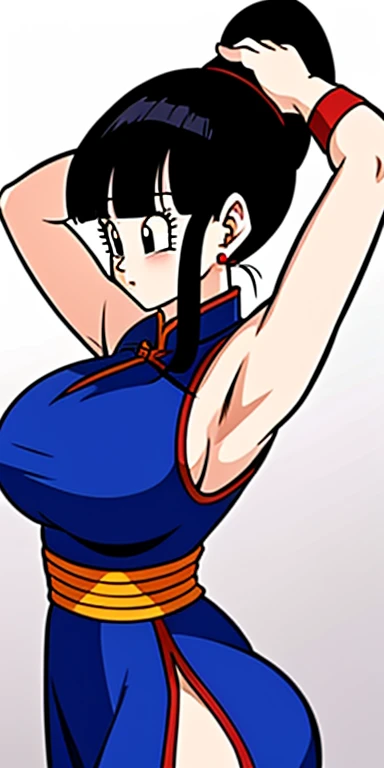 (extremely detailed CG unity 4k wallpaper),(masterpiece),(best quality),(ultra-detailed),(best illustration),(best shadow),(absurdres),(detailed background), Chi Chi (dragon ball), 1girl, solo, black hair, chinese clothes, large breast,large ass, bangs, blunt bangs, (ponytail), black eyes, china dress, sleeveless, dress, ponytail, hands on own cheeks, wristband, sleeveless dress, upper body, blue dress, :o, long hair, eyelashes,arms up,armpits wet,wet silk