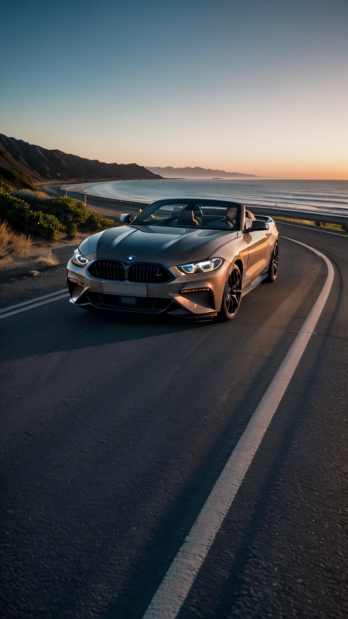 Hyperrealistic 8k photo of Ventura Highway, from side of a topless BMW car of a Mustang GT at dusk, with highway and ocean in detail and focus.
