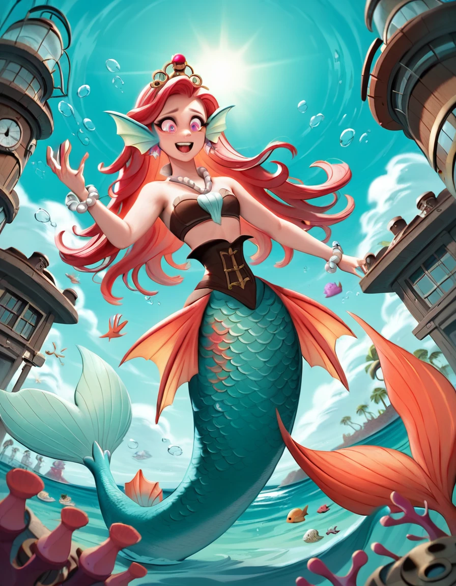 (best quality,4k,8k,highres,masterpiece:1.2),ultra-detailed, Pretty  princess magically transformed into a beautiful mermaid, race swap, fantastic transformation, none human, steampunk, fish like, wet body, surrounded by small bubbles, long mermaid tail below waistline, fins ears, shimmering red fish scales, drawn in anime style, very long pigtails red hair, sharp teeth, is smiling, pink eyes, small breast, long pelvic and dorsal fins, pair of fish gills on the torso, seashells bra, starfish hair clips, pearl earrings and bracelets, pearl necklace, hair ribbons, gold tiara, ocean depths, swimming underwater, joyful expression, playful mermaid poses, sparkling water, water reflections, ethereal atmosphere, subtle glow, whimsical and enchanting, checking her new body, underwater world, colorful coral reef, magical underwater lighting, vivid colors, breathing underwater, endless ocean depths, sunlight filtering through the water, Highly detailed, masterpiece, high quality, 4K.