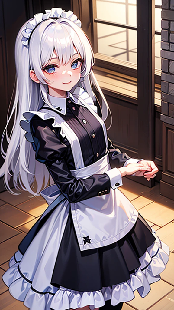 A girl with white hair with pink , blue eyes , tender look , girl suit {{Kind of Maid}} {{Little girl}} hair neither so short nor so long  , passive smile 
