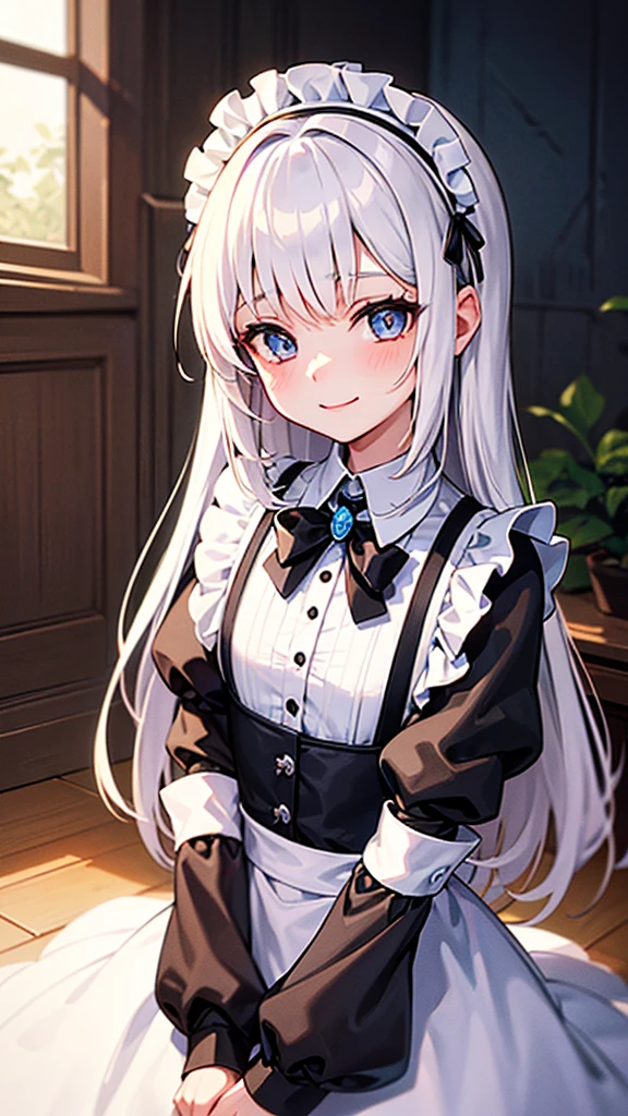 A girl with white hair with pink , blue eyes , tender look , girl suit {{Kind of Maid}} {{Little girl}} hair neither so short nor so long , passive smile