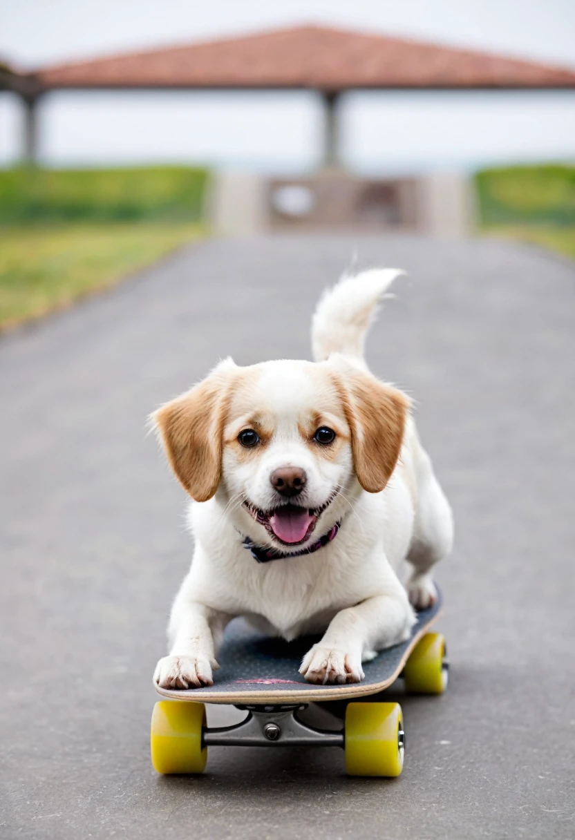 photography of cute dog, riding a skateboard, close-up and action in the scene