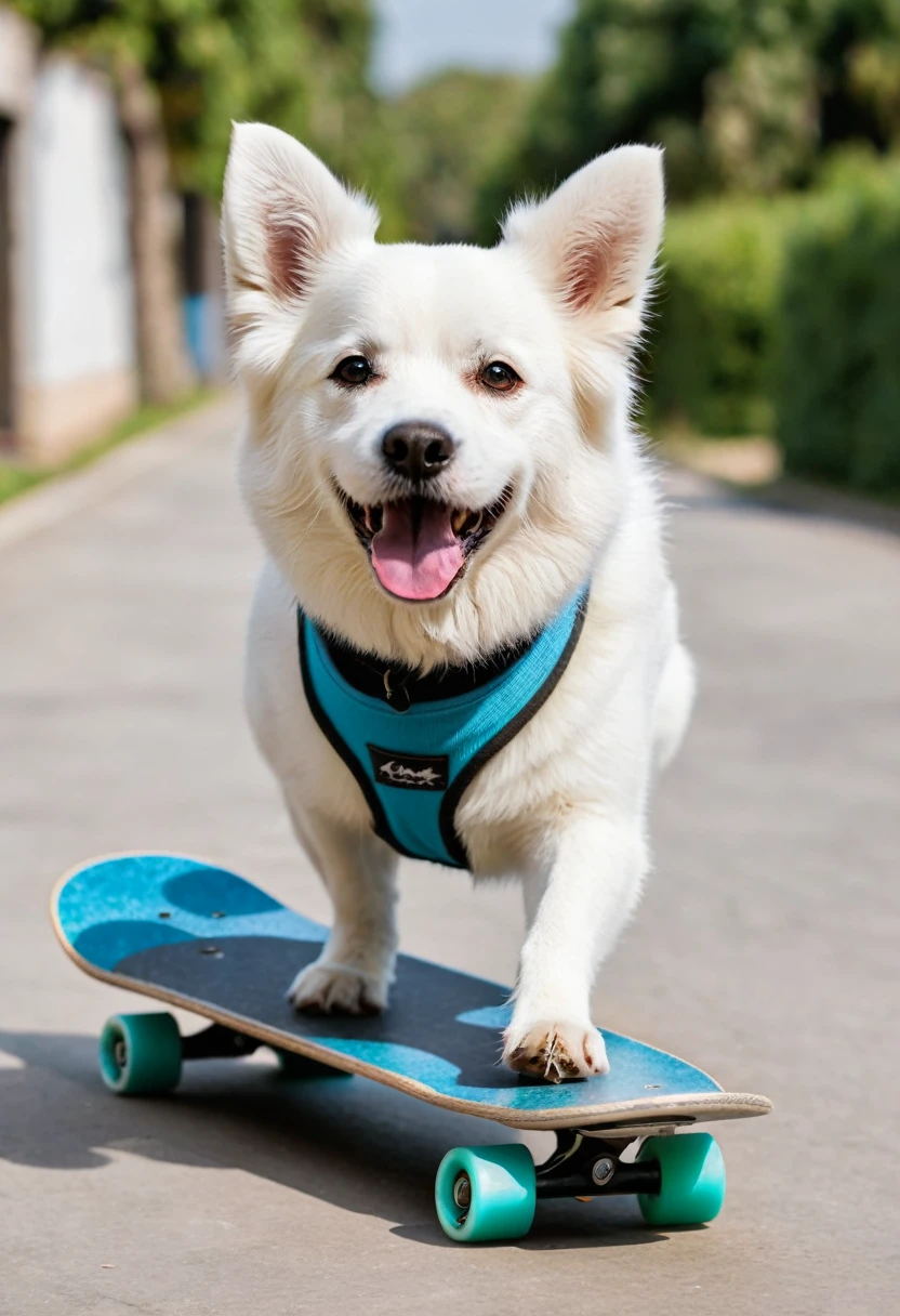 photography of cute dog, riding a skateboard, close-up and action in the scene