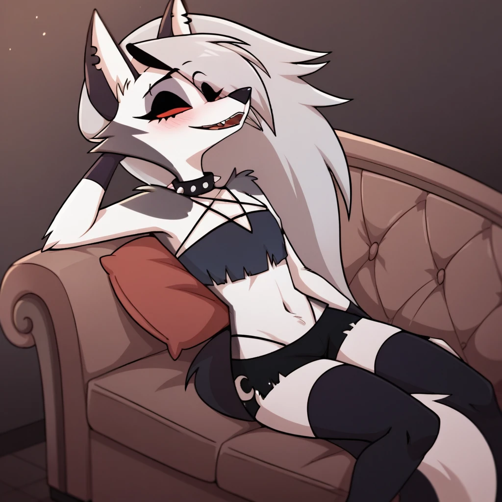 score_9, score_8_up, BREAK, source_anime, uncensored, perfect body, slim, thigh highs, fingerless gloves,
anthro, furry, pose, sexy,
Loona \(Helluva Boss\), NSFW, nude, moaning, back to viewer, head back, anthro male maned wolf with long spiked white hair and black face, highlighter yellow penis, blushing, high detail, couch, happy, laying on side, removing panties, open mouth, tongue out, cumming on face, cumming in mouth, satisfied expression, blowjob, male biting lip, male standing