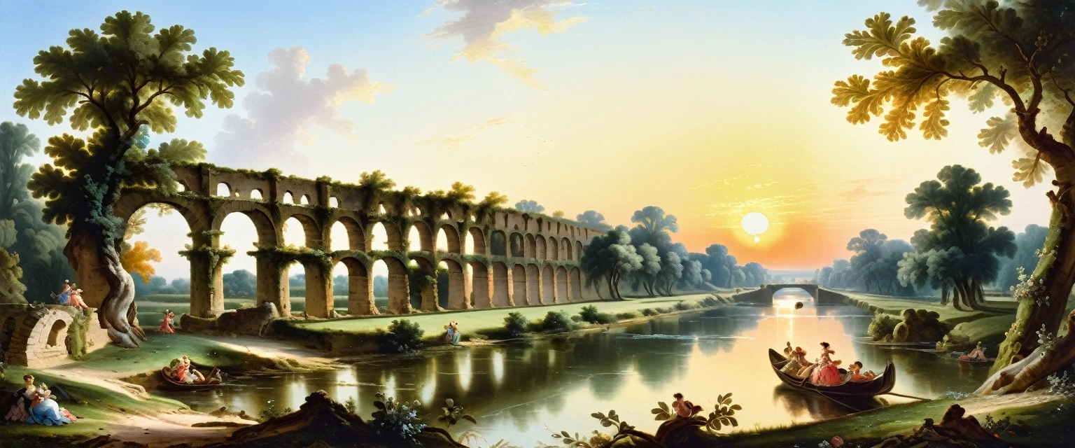 (((Sunrise time, amazing morning, ancient aqueduct, noisy river, oak grove))), high quality, masterpiece,((Francois Boucher style)), clear day, rococo, oil painting knife, ((best quality, masterpiece)), (high detail), impressionism:1.1, 8k