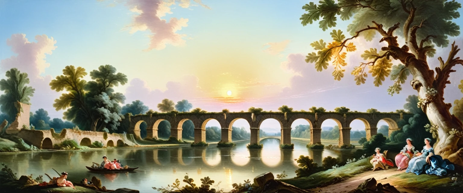 (((Sunrise time, amazing morning, ancient aqueduct, noisy river, oak grove))), high quality, masterpiece,((Francois Boucher style)), clear day, rococo, oil painting knife, ((best quality, masterpiece)), (high detail), impressionism:1.1, 8k