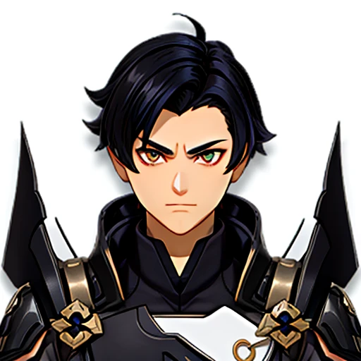 Simple white background, male character Genshin Impact, unique character, serious look, , black suite, short black hair without bangs, goatee, visual novel, detailed black armor, high quality, cinematic, dramatic pose, intricate details, colors vibrant, masterpiece, Genshin Impact, Diluc