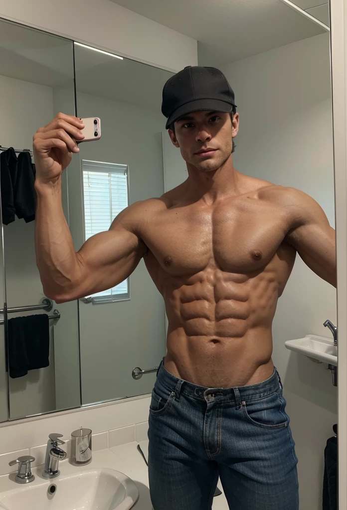 arafed man in a cap taking a selfie in a mirror, a picture inspired by Antoine Wiertz, tumblr, hyperrealism, lean but muscular, lean and muscular, prefect body, with abs, ripped, [ adamantly defined abs ]!!, [ rigidly defined abs ]!!, fit pic, shredded, attractive body, slender and muscular build, chiseled abs, chiseled jawline, 6 feet tall, caucasian, german, norwegian