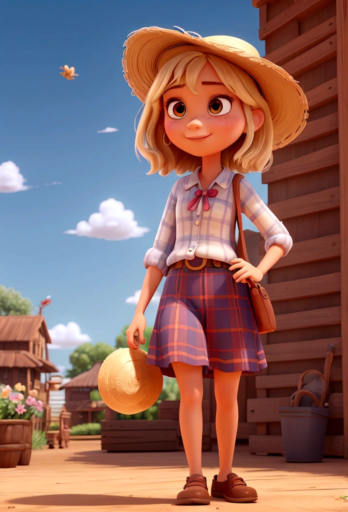 Create a 3D Movie Poster Inspired by Disney Pixar, The scene must be in digital art style a girl with a straw hat dressed in plaids with a flower in her hand