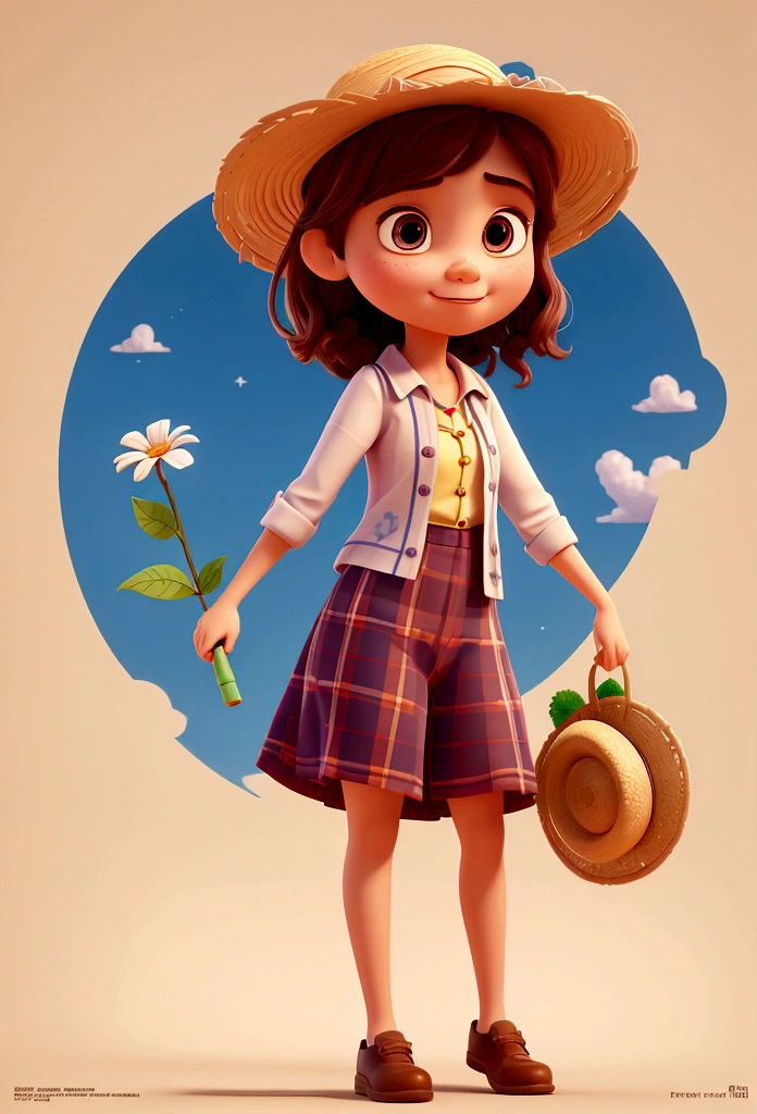 Create a 3D Movie Poster Inspired by Disney Pixar, The scene must be in digital art style a girl with a straw hat dressed in plaids with a flower in her hand