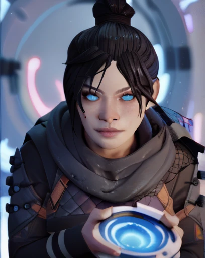 score_9,score_8_up,score_7_up,
wraithxl,black hair,single hair bun,looking at viewer,blue eyes,
scarf,nose piercing,black shirt,long sleeves,
standing,upper body,
portal \(object\),
