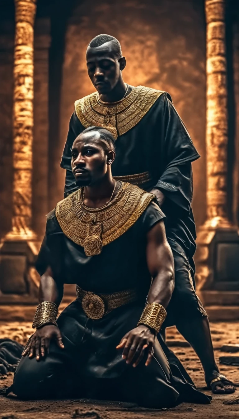 A dramatic scene of an African emperor about to execute his kneeling brother outside, intricate details, highly realistic, cinematic lighting, gritty, outside destroyed bacground, chiaroscuro, dark moody colors, powerful, tense atmosphere, masterpiece, best quality, 8k, HDR, physically-based rendering, ultra-detailed, sharp focus