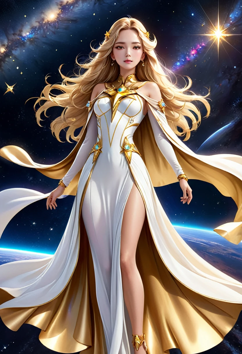 (masterpiece、Highest quality、High resolution、8K、16K)、((Alone in space、Beautiful Goddess、Standing posture、Floating in the sky like a star))、(whole body)、Golden Cape、long white dress、His cartoons、Diamond embellishment on front and chest.、Gold Bracelets、Medium long blonde hair、Beautiful brown eyes、Elegant and exquisite face、Elegant Operation、Put your right hand on your chest、Professional Lighting、The universe is full of light.、Countless stars and nebulae、