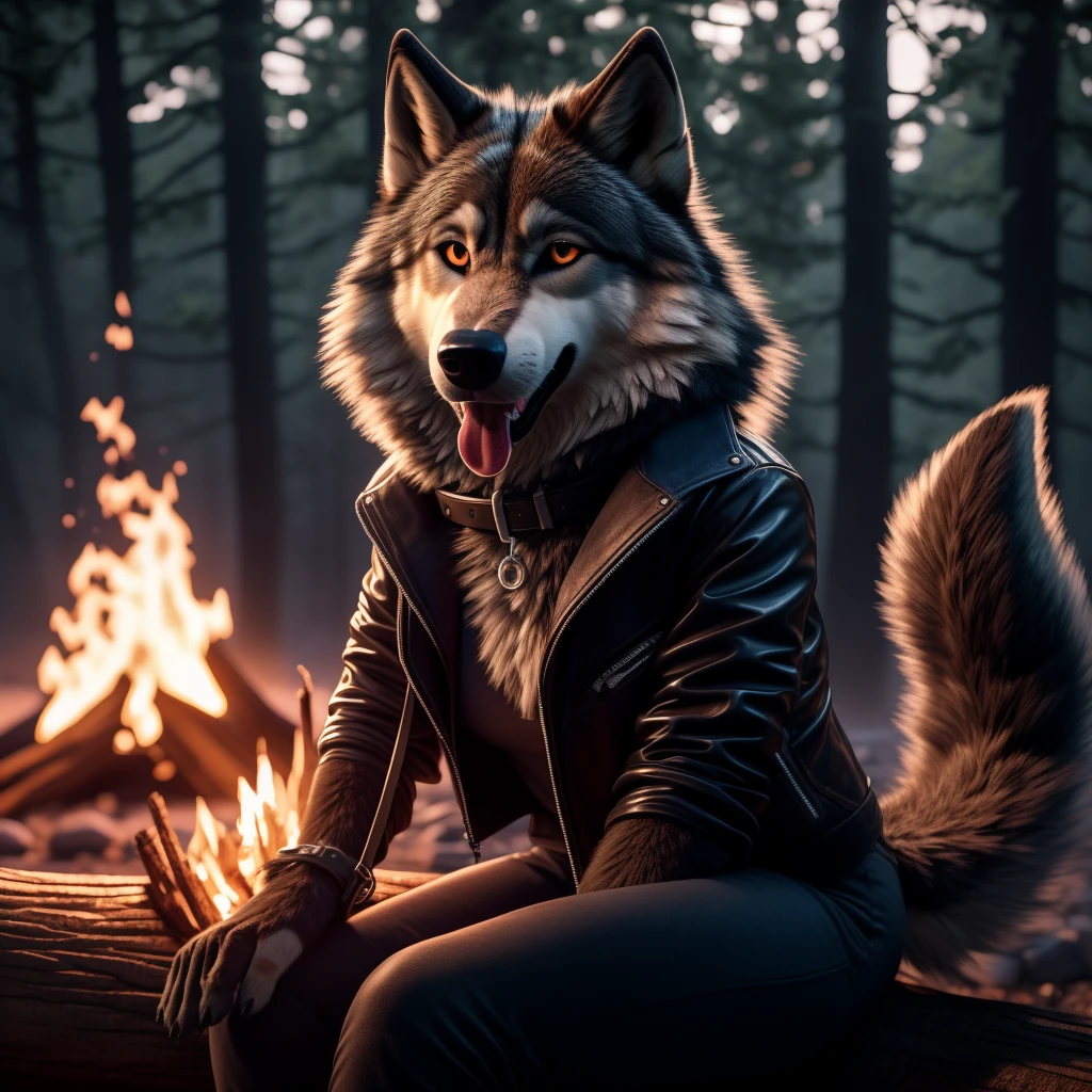 Sitting in front of campfire on log, female, 30 years old, happy, mouth open with tongue hanging out, black leather jacket, anthro, wolf ears, (black fur:1.5), wolf, forest background, 8k, hi res, (best quality, masterpiece), (wolf tail:1.5), detailed fur, solo, looking at camera, night, leash, collar,