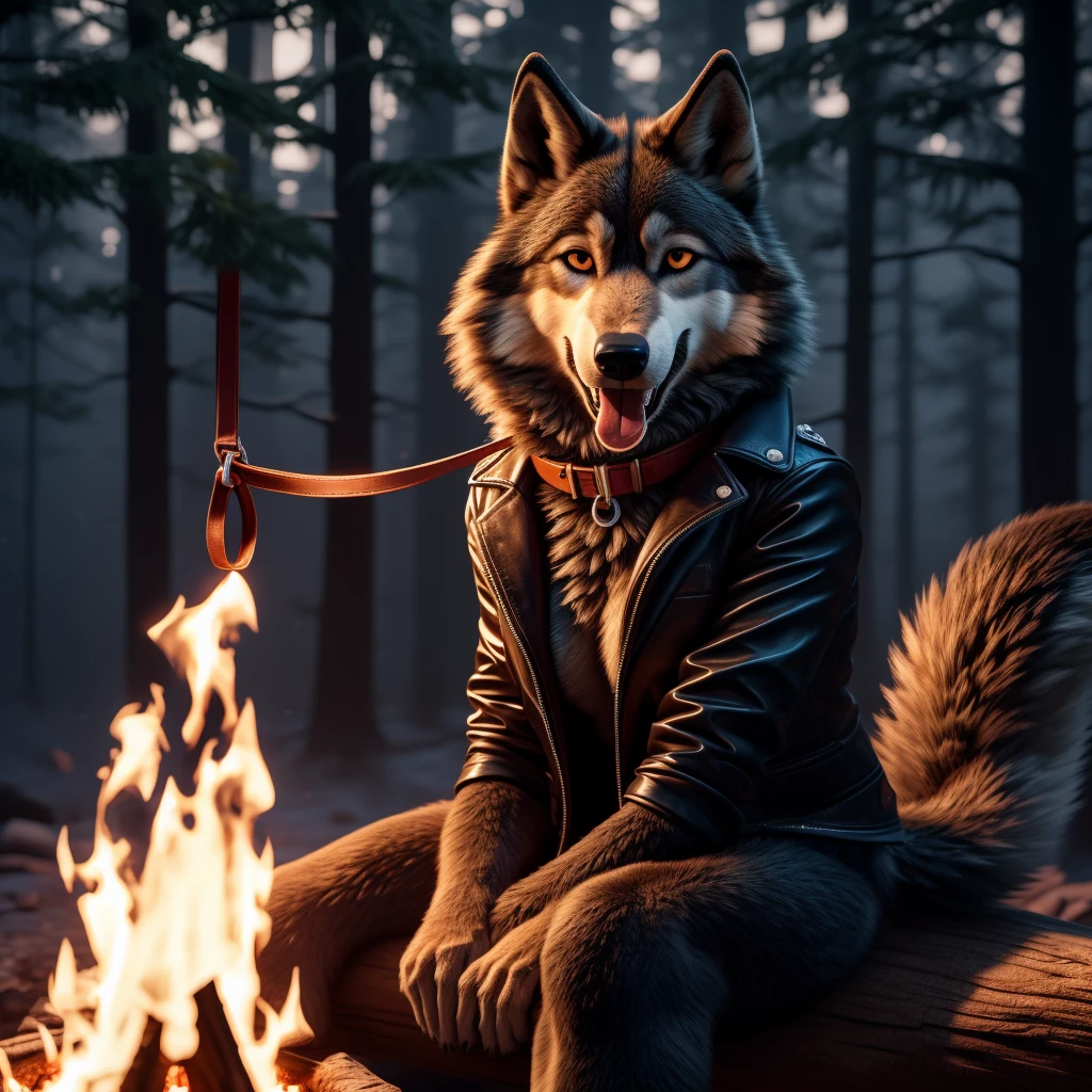 Sitting in front of campfire on log, female, 30 years old, happy, mouth open with tongue hanging out, black leather jacket, anthro, wolf ears, (black fur:1.5), wolf, forest background, 8k, hi res, (best quality, masterpiece), (wolf tail:1.5), detailed fur, solo, looking at camera, night, leash, collar,
