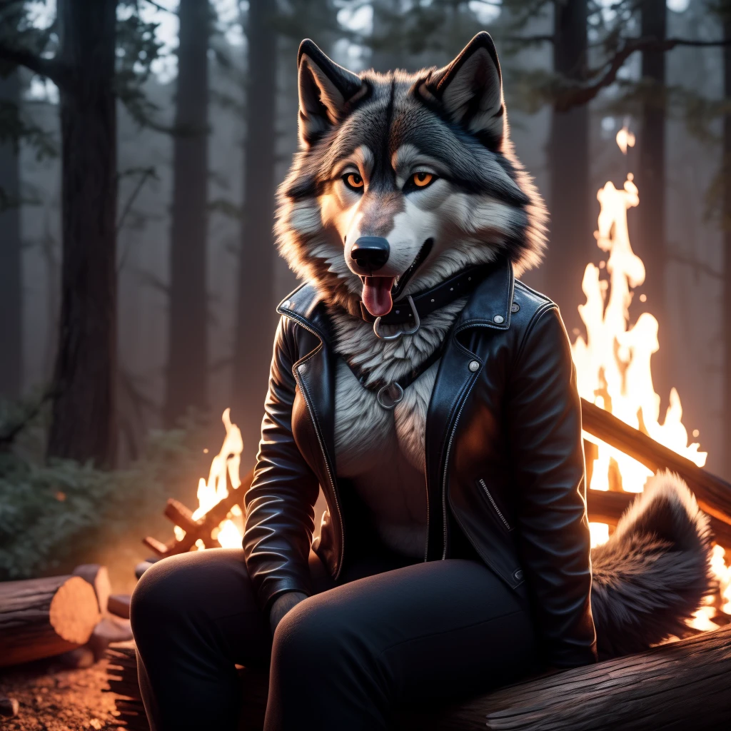 Sitting in front of campfire on log, female, 30 years old, happy, mouth open with tongue hanging out, black leather jacket, anthro, wolf ears, (black fur:1.5), wolf, forest background, 8k, hi res, (best quality, masterpiece), (wolf tail:1.5), detailed fur, solo, looking at camera, night, leash, collar,