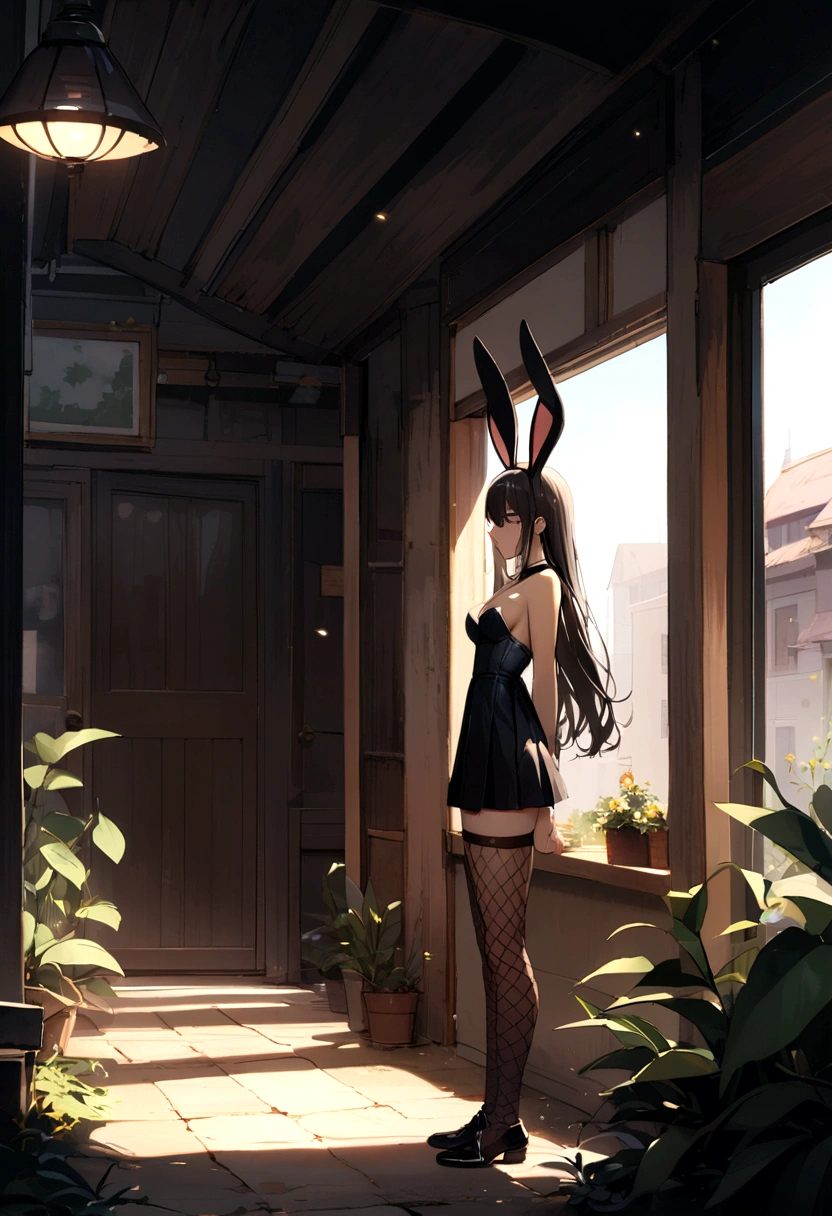 Girl with black unbody fishnet stockings and bunny ears