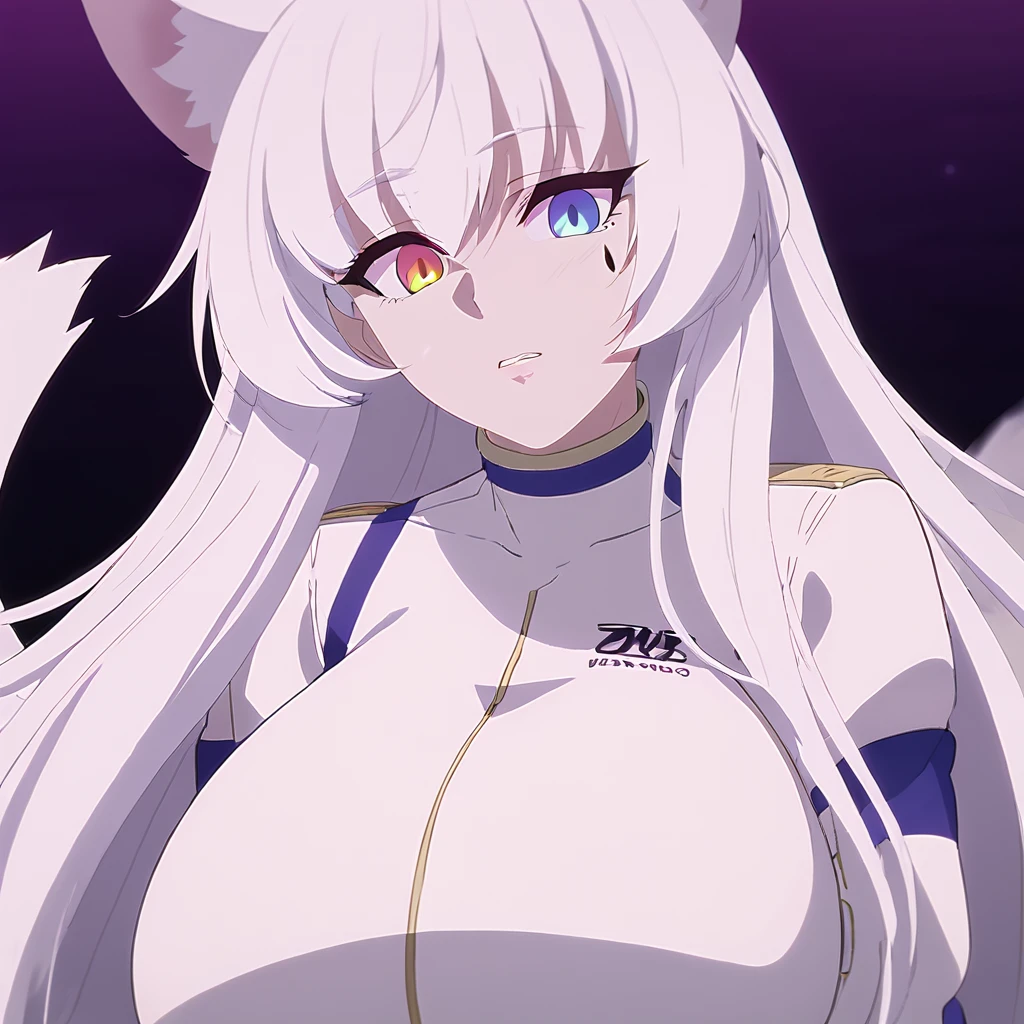 beautiful white neko, long white neko ears, white neko tail, anime style, purple eye, blue eye, big breasts, extremely detailed eyes and face, Wearing White and Purple Race Suit, white long hair, heterochromia, wide waist, mature woman, black small beauty mark under right eye