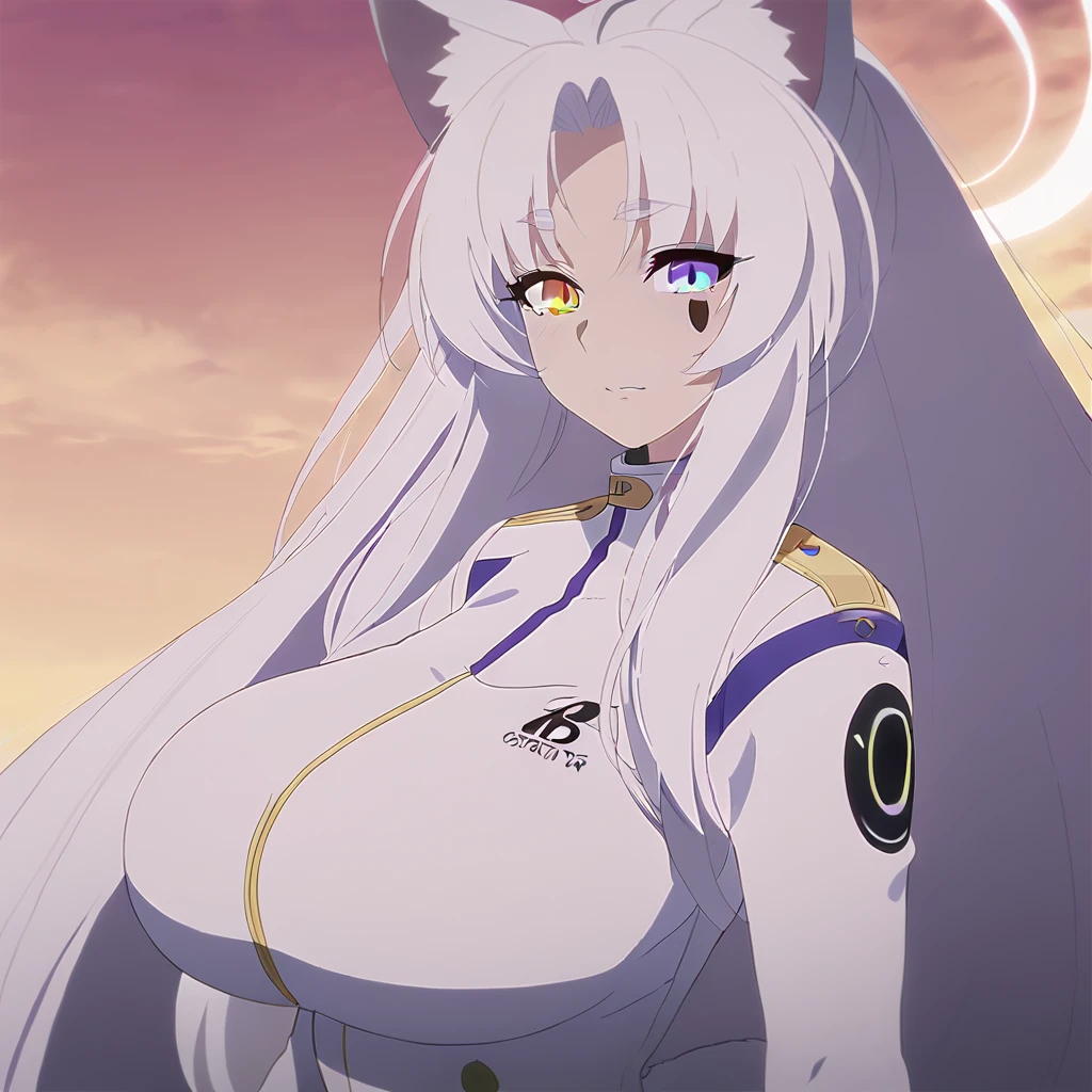 beautiful white neko, long white neko ears, white neko tail, anime style, purple eye, blue eye, big breasts, extremely detailed eyes and face, Wearing White and Purple Race Suit, white long hair, heterochromia, wide waist, mature woman, black small beauty mark under right eye