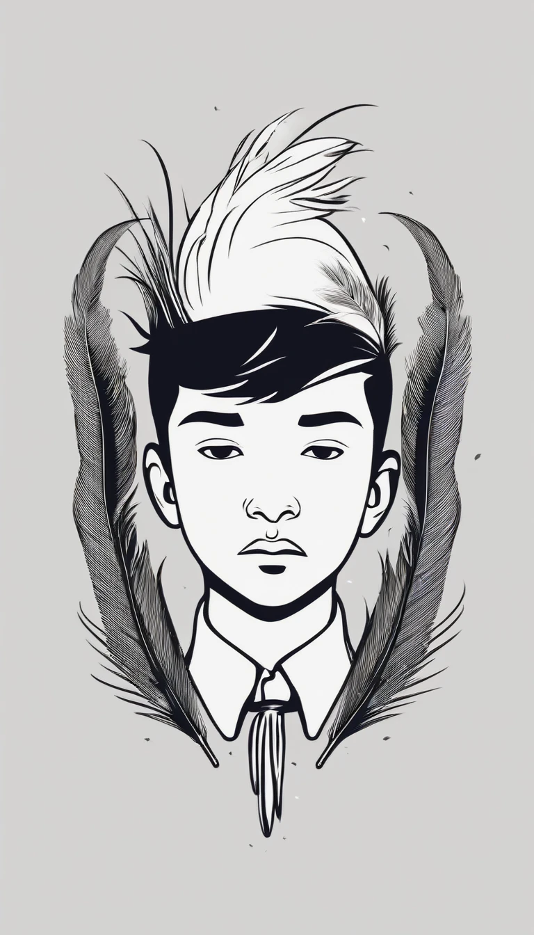 A minimal, modern, simple, cinematic logotype of a boy with a head full of feathers for the brand “Penamemoria" .