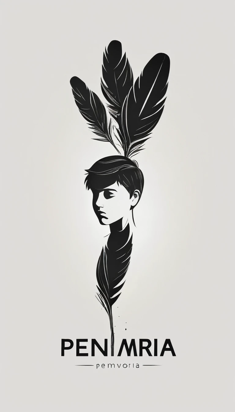A minimal, modern, simple, cinematic logotype of a boy with a head full of feathers for the brand “Penamemoria" .