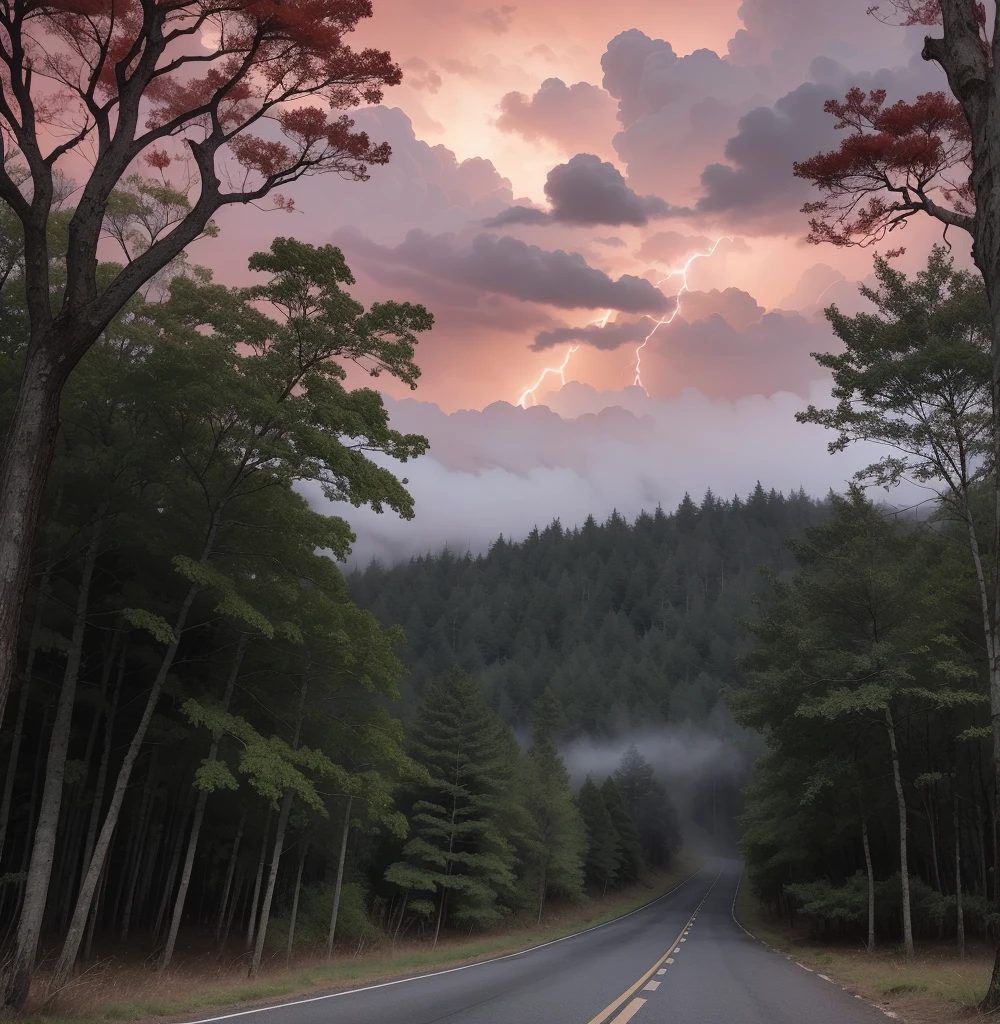 Chilling night with cloudy red skies, huge lightning bolts shooting towards a dense forest of ominous leafy trees covered with huge trees and red-eyed crows on the branches, covered by a thick fog and a black road Death is felt in the place.
Terrifying forest with crows View from the heart of the forest