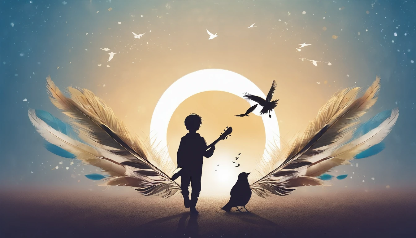 Create a professional, fantastic, cinematic dream-like Youtube Banner for a brand about music, stories, fantasy and dreams called " Penamemoria". Masterpiece, 4k, sharp focus, highest quality,wide shot. The title is " Penamemoria". Is a brand about the creative, unique journey of a boy into becoming a musician storyteller. In his journey he finds inspiration in a world of birds and feathers. Minimalistic, simple, poetic, dreamy logotype at the center of the image. The Background image is a world full of fantastic feathers, unique birds, light blue sky, soft white and light golden. Logo design of a face of a boy and a face of a feather