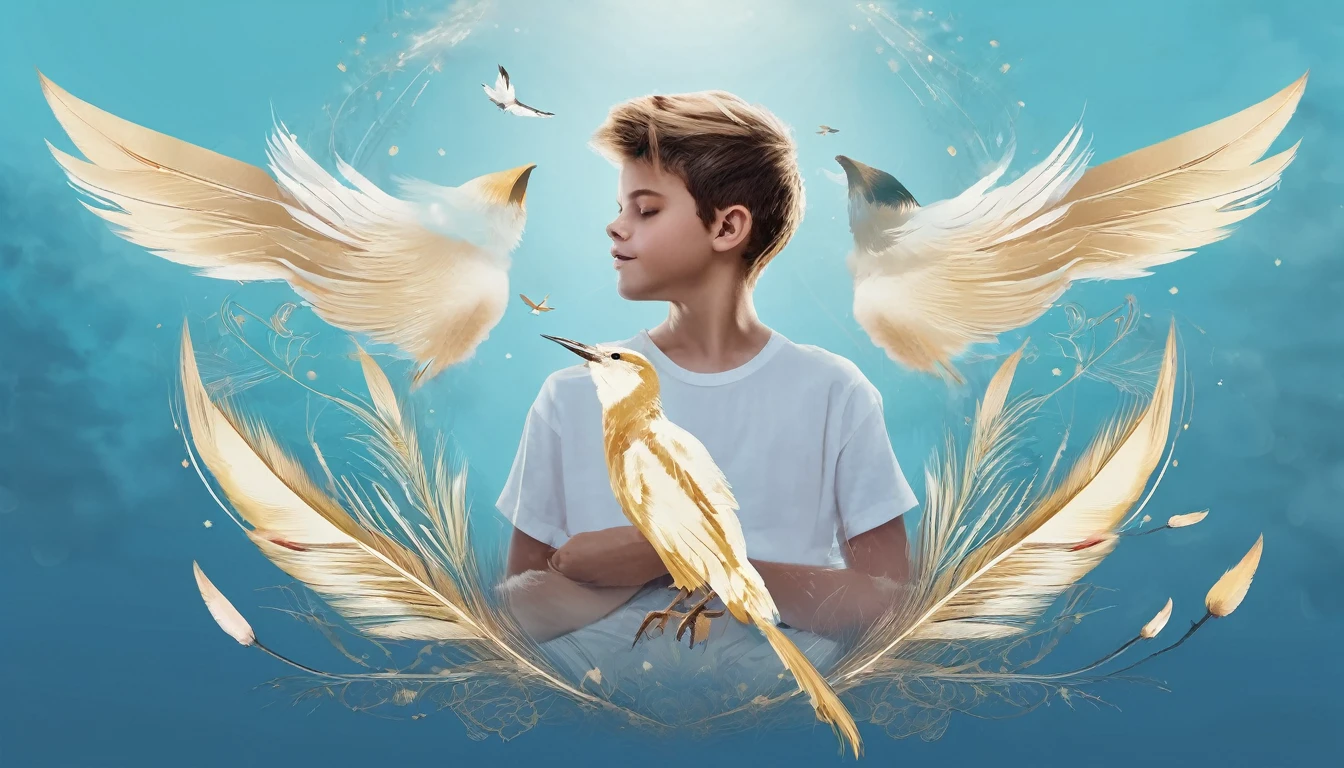 Create a professional, fantastic, cinematic dream-like Youtube Banner for a brand about music, stories, fantasy and dreams called " Penamemoria". Masterpiece, 4k, sharp focus, highest quality,wide shot. The title is " Penamemoria". Is a brand about the creative, unique journey of a boy into becoming a musician storyteller. In his journey he finds inspiration in a world of birds and feathers. Minimalistic, simple, poetic, dreamy logotype at the center of the image. The Background image is a world full of fantastic feathers, unique birds, light blue sky, soft white and light golden. Logo design of a face of a boy and a face of a feather