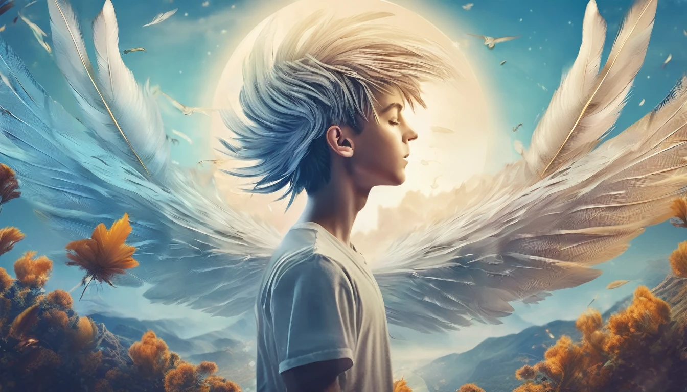 Create a professional, fantastic, cinematic dream-like Youtube Banner for a brand about music, stories, fantasy and dreams called " Penamemoria". Masterpiece, 4k, sharp focus, highest quality,wide shot. The title is " Penamemoria". Is a brand about the creative, unique journey of a boy into becoming a musician storyteller. In his journey he finds inspiration in a world of birds and feathers. Minimalistic, simple, poetic, dreamy logotype at the center of the image. The Background image is a world full of fantastic feathers, unique birds, light blue sky, soft white and light golden. Logo design of a face of a boy and a face of a feather
