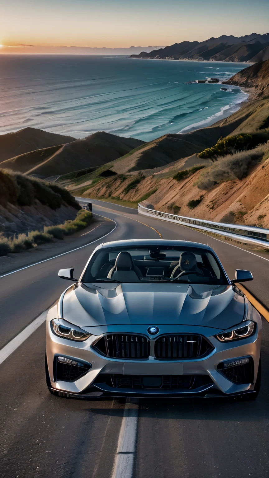 Hyperrealistic 8k photo of Ventura Highway, from side of a topless BMW car of a Mustang GT at dusk, with highway and ocean in detail and focus. Hyper realistic, dramatic look
