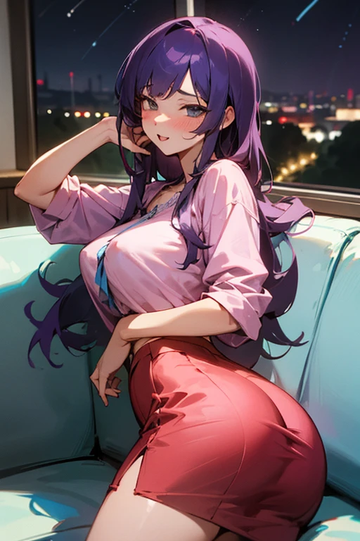 20 year old sexy woman, long purple hair and pink shirt, very big chest, short red skirt wiggling your ass a lot, night time ( much sexier ) in the living room near the sofa