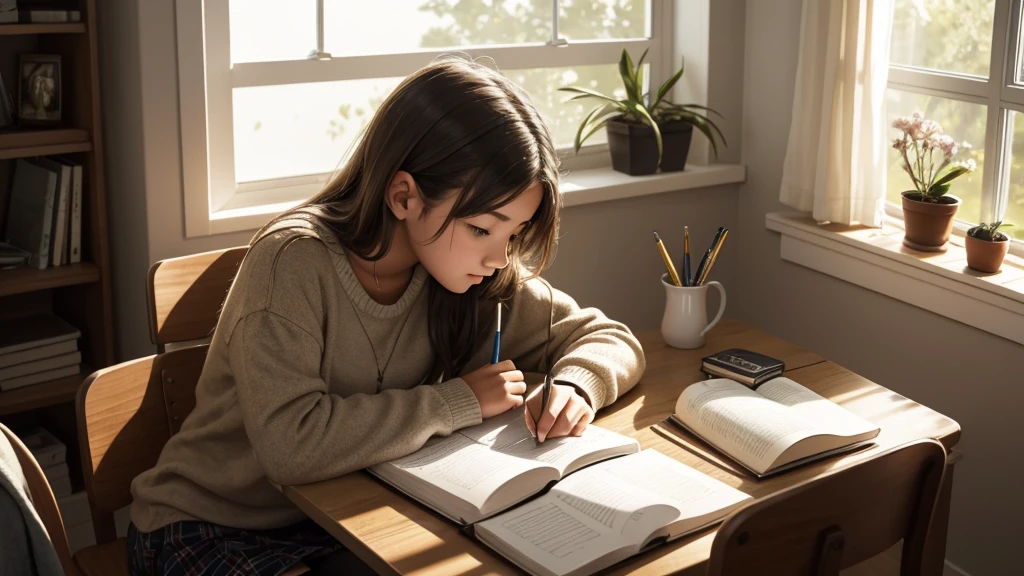 A 16 year old girl, student writing in her notebook and sitting studying. She is in her cozy and relaxing room. Sunbeams enter the room.