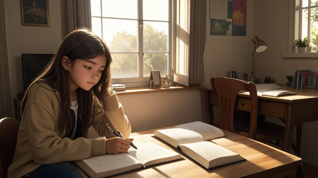 A 16 year old girl, student writing in her notebook and sitting studying. She is in her cozy and relaxing room. Sunbeams enter the room.