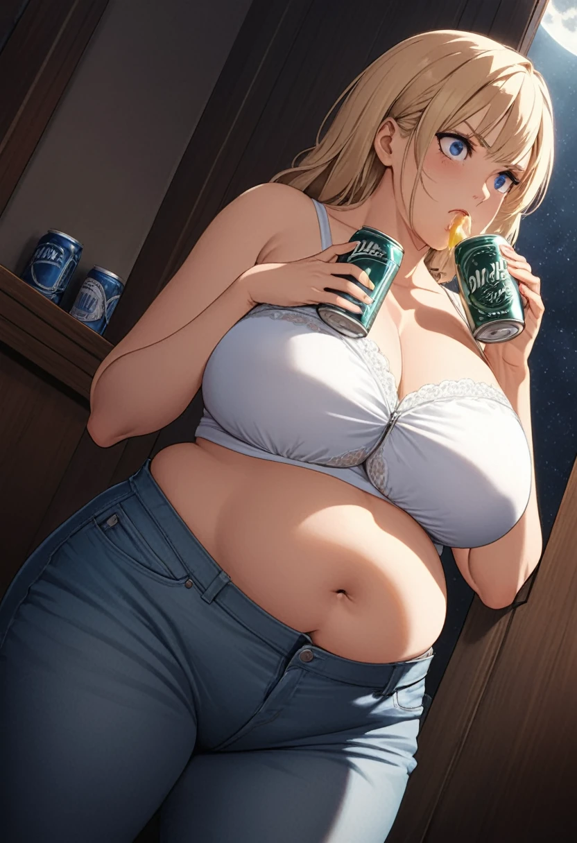 detailed illustration (side view),dynamic angle, ultra-detailed, illustration, clean line art, shading, anime, detailed eyes, detailed face, beautiful face, dramatic lighting, detailed illustration, dynamic angle, ultra-detailed, illustration, sensual face, gorgeous face, tired, annoyed look on face,
detailed illustration (side view),dynamic angle, ultra-detailed, anime, detailed eyes, detailed face, dramatic lighting, dynamic angle, ultra-detailed, tired, annoyed look on face, Mom bod, woman in her 30s, milf, white structurally reinforced bra, mom jeans, jeans unbuttoned, unzipped jeans, thick, plump, blue eyes, blonde hair, pear shaped body, big ass, massive sagging full breasts, clothes tight, wide hips, beer belly, chubby, breasts overflowing bra cups, drinking, beer cans, background of a bungalow interior, belly spilling out of unzipped pants, nighttime, moonscape outside windows, BBW, bloated belly, belly jiggle, pants unzipped, pants unbuttoned, pants open,