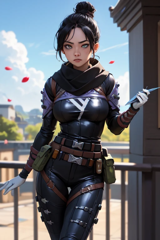 (masterpiece, best quality:1.2), wraith (apex legends), 1girl, solo, single hair bun, hair bun, bodysuit, scarf, black bodysuit, holding, breasts, black hair, black scarf, large breasts, blue eyes, belt, brown belt, bangs, parted bangs, hair behind ear, gloves, nose piercing, black gloves, thigh strap, looking at viewer, letter, outdoors, sky, envelope, petals, railing, hand on own chest, blue sky, day, blurry, cloud