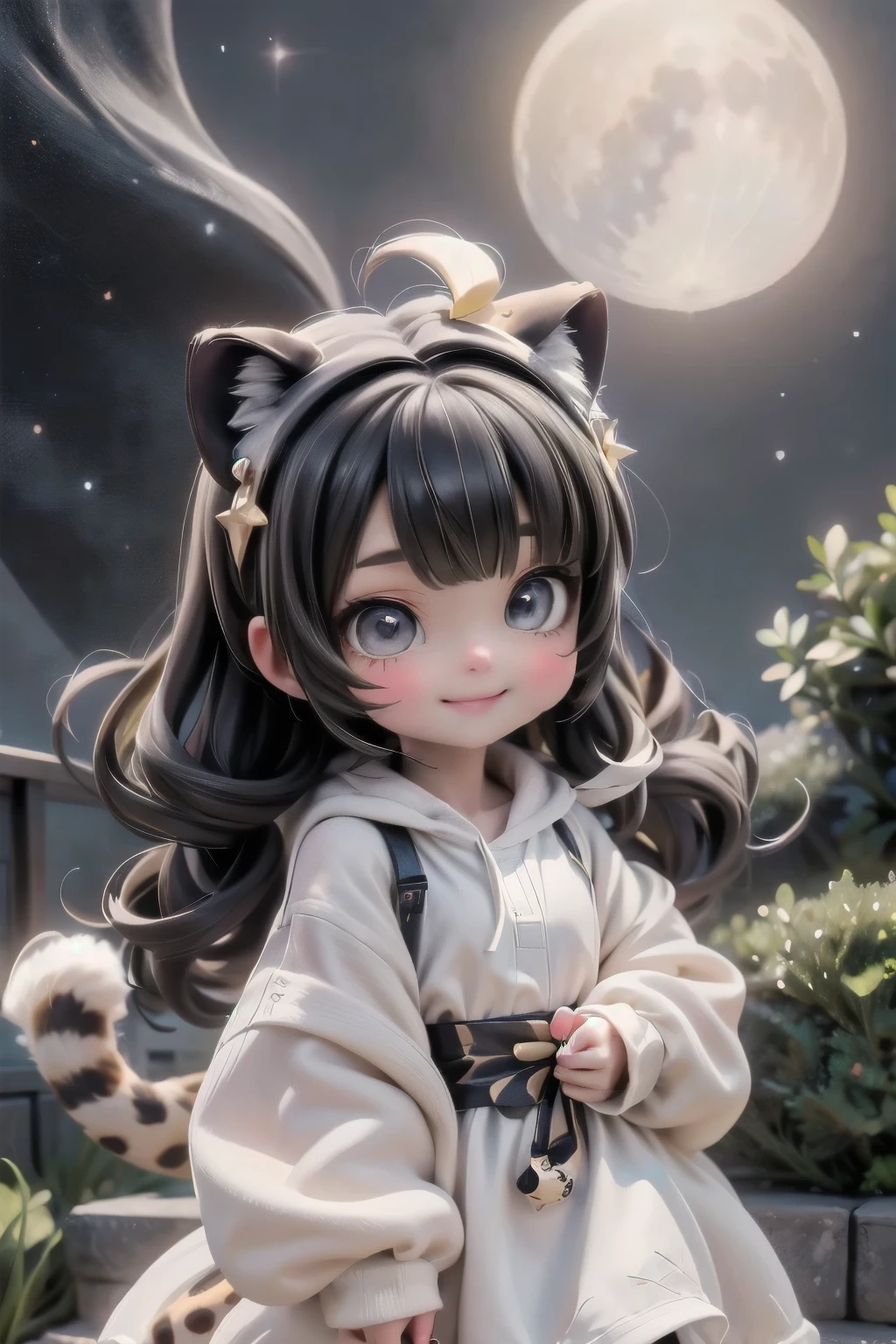 cute chibi girl smiling wearing a (cheetah kigurumi), action pose, dynamic angle, location garden at night, garden outdoors, starry sky, moon
