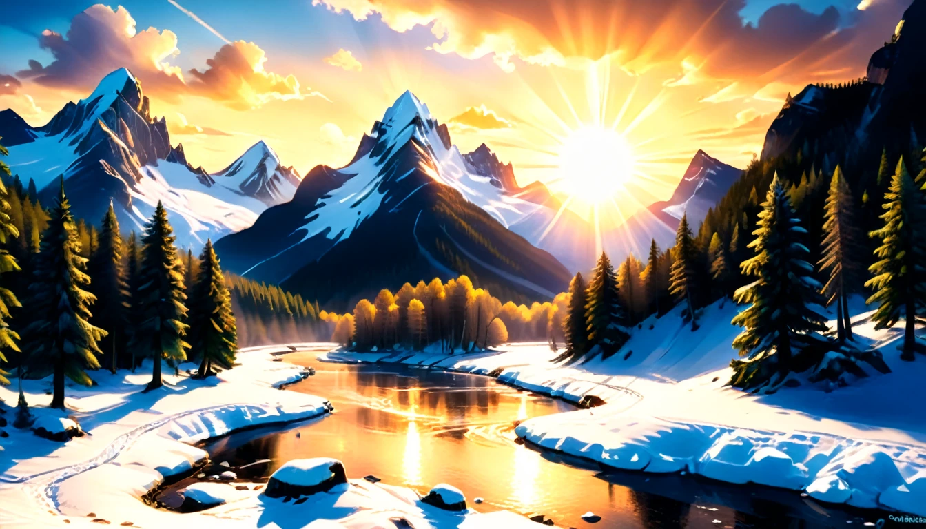 a National Geographic nature shot of a snowy mountain, the sun rises, the transition between night and day, the snow forest mountain range, the forest in the mountains, there pine trees, snow, a river flows between the mountains, the forest is reflected in rays of sunset in river, divine rays, some clouds, sun rays,  (highest quality:1.2, Very detailed, up to date, Vibrant, Ultra-high resolution, High Contrast, masterpiece:1.2, highest quality, Best aesthetics), best details, best quality, highres, ultra wide angle, 16k, [ultra detailed], masterpiece, best quality, (extremely detailed: 1.5), aetherpunkai, Cinematic Hollywood Film style