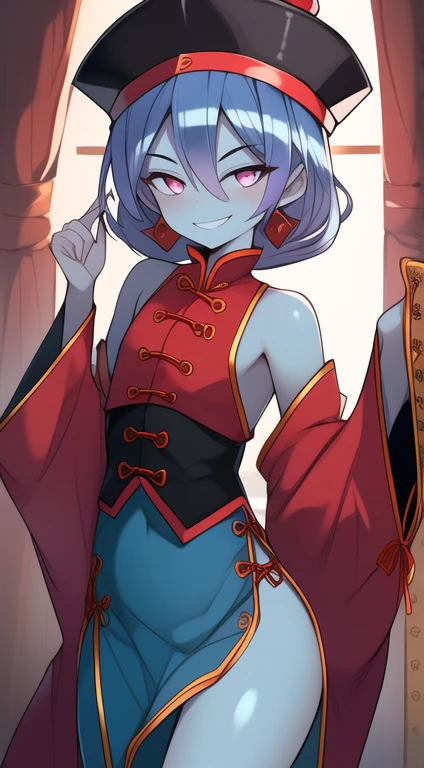 Best quality, Super detailed illustration, Warm colors, perfect lighting, (boy:1.6), (the blue skin:2,6), vampire fangs, short tousled thick hair ,Jiangshi clothing, long sleeves, long skirt with leg cutout on the sides, open legs, Tight-fitting clothing, Guanli hat ,smug smile, Happy , a femboy, small waist, wide hips, slim, Perfect body, full length, tricky glance, Scarlet eyes,black and lilac color of clothes