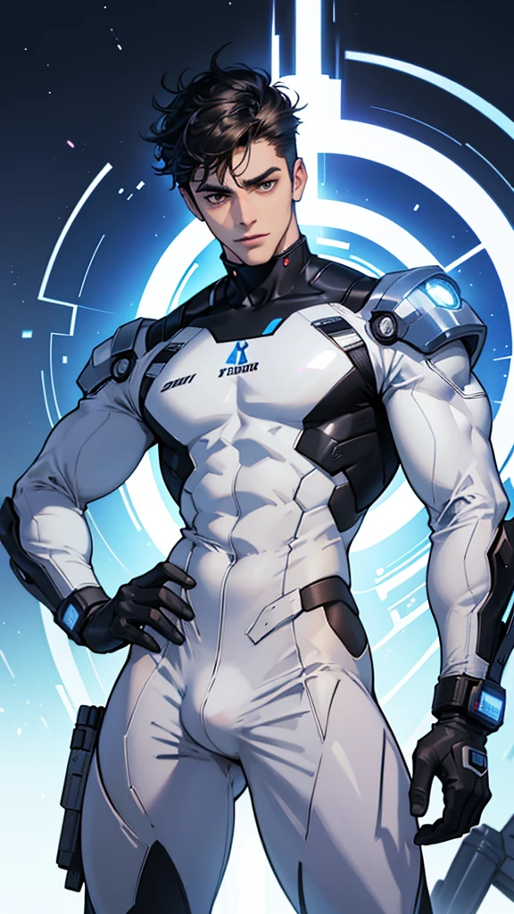 Handsome 20 year old cyborg 　Brown Eyes　future　universe　Science fiction　The background is the galaxy universe　A very tight white and blue rubber suit　Plug Suit　Gloves　looking at the camera　White bulge　Big chest muscles  Narrow waist  Big hips  Very short black hair with bang  Male slim muscular man　Big bulge Big ass Big, long cock