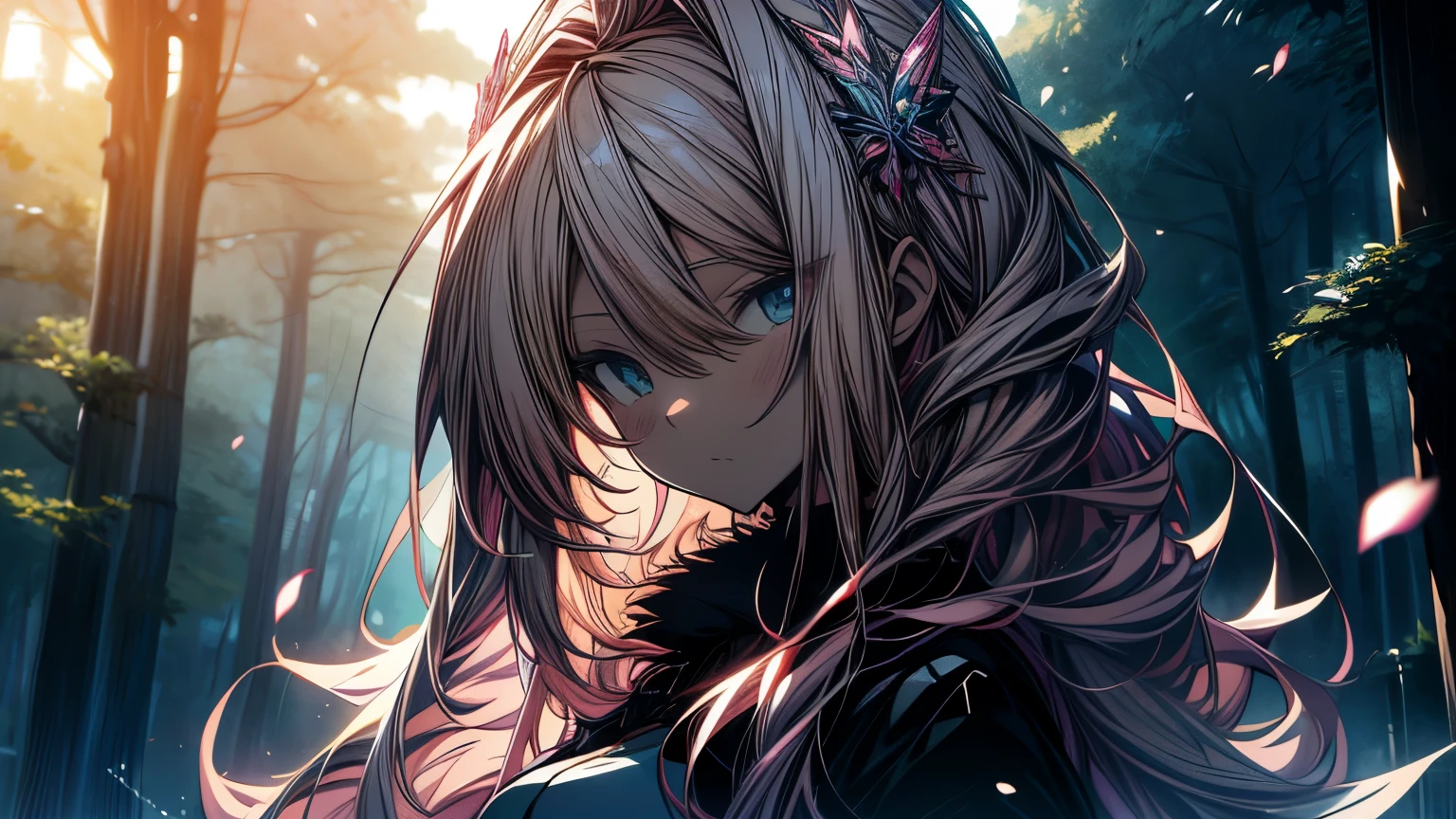 Anime girl with long pink hair and blue eyes standing in a forest., detailed digital anime art, 4K anime style, hermoso portrait animado, portrait, Knights of the Zodiac, , anime art wallpaper 4k, 4k anime art wallpaper, blonde anime girl with long hair, High quality 8K detailed art, anime art wallpaper 8K, pink fur princess, detailed anime art