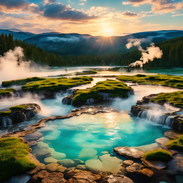 (Sunrise Time), At sunrise in Yellowstone National Park, hot springs and geysers are emitting steam, and the air is filled with white smoke, intertwined with the morning light, like a fairyland. The background is a green forest, (panoramic view), Photography, award-winning, cinematic still, emotional, vignette, dynamic, vivid, (masterpiece, best quality, Professional, perfect composition, very aesthetic, absurdres, ultra-detailed, intricate details:1.3)